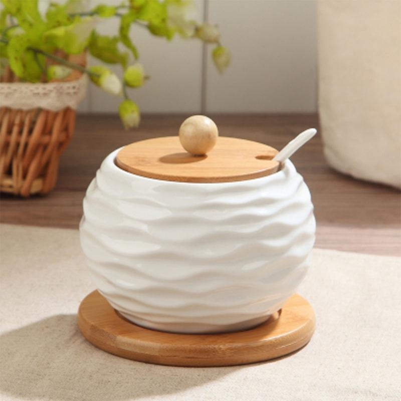 Sturdy Ceramic Condiment Canisters Stylish Ceramic Seasoning Jars with Bamboo Lids for Barbecue Parties and Camping