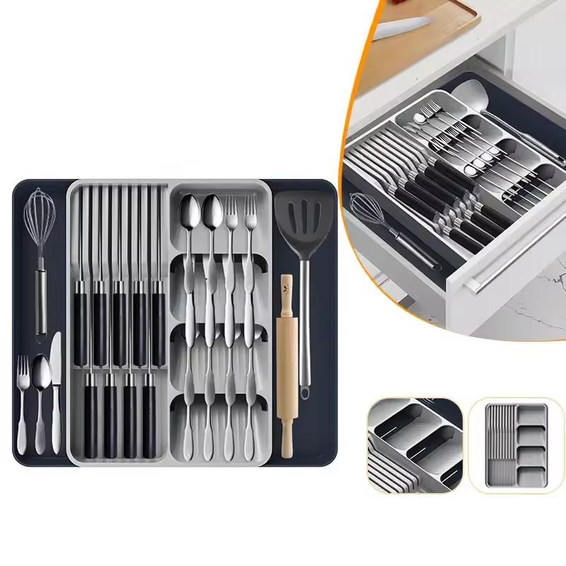 Expandable Silverware Drawer Organizer with Knife Holder Adjustable Flatware and Cutlery Tray for Spoons Forks Kitchen Utensil
