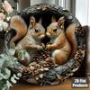2D Flat Squirrel Aluminum Wall Art Sign, 8x8 Inch Round Rustic Autumn Decor with Pine Cones and Leaves