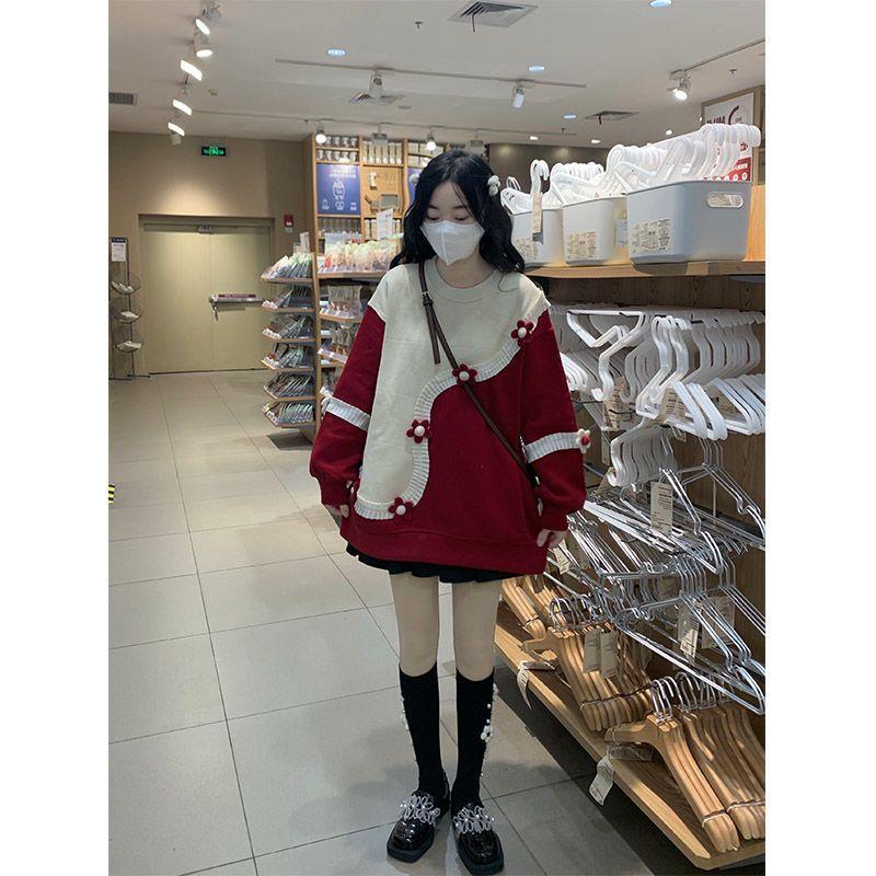 Women 3D Floral Contrasting Hoodies Japanese Sweet Style Wavy Sweatshirt Autumn Loose Ladies Round Neck Pullover Tops