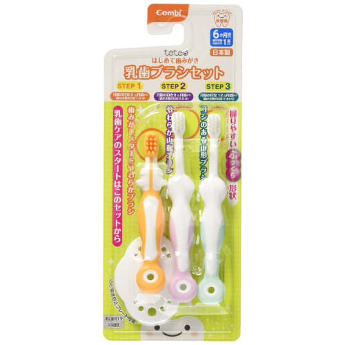 Combi Teteo First Toothbrush Set for Baby Teeth (For 1 Tooth or More) with a Comfortable, Plump Grip