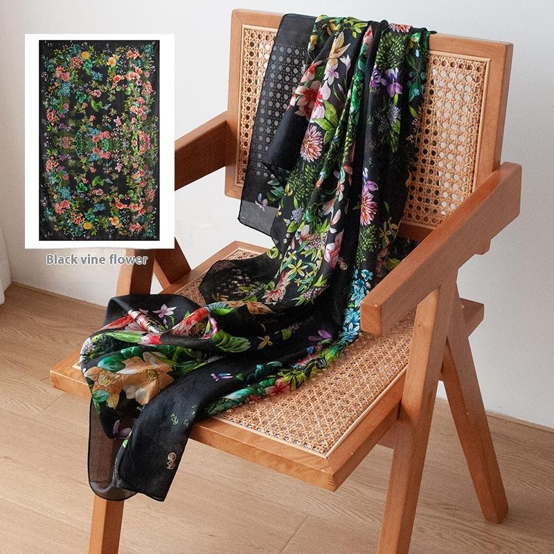 Flower Sea Dream Black New Premium Silk Double-sided Same Color Beach Silk Scarf Sunscreen Shawl
