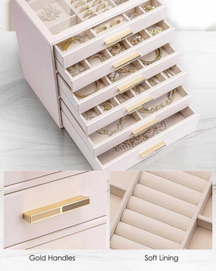 Vlando Schmuckschatulle mit Glasdeckel, Schmuckschatulle, Organizer für Halsketten, Ringe, Ohrringe, Armbänder, Zubehör, Aufbewahrung mit 6 Schubladen, Damen (Rosa)
