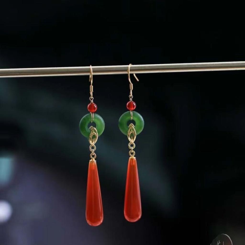 Cercei etnici chinezești din jad pentru femei Vintage Model Nor Norocos Pandantiv Picătură de Apă Bijuterii Elegante Accesoriu Hanfu Clip