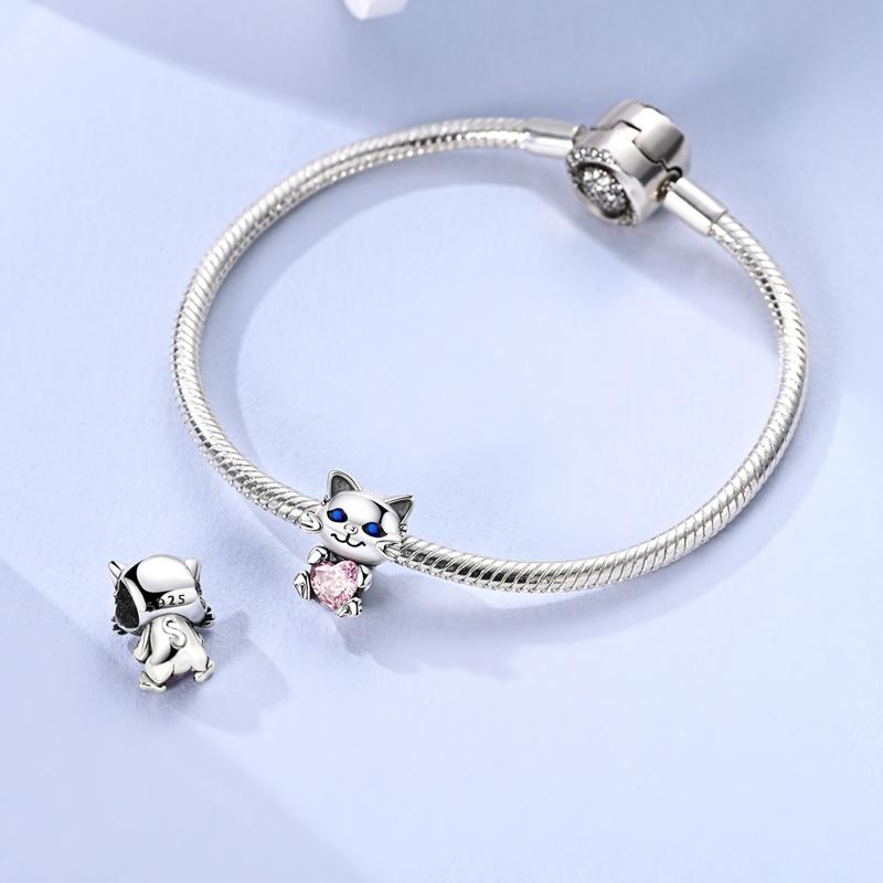 Cute Cat Pink Heart Beads Copper Original Beads Fit Original Charms Bracelet Beads Jewelry Fine Gifts For Women