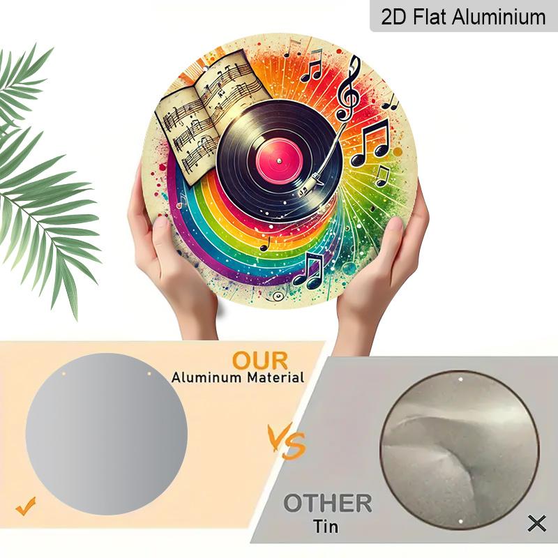 2D Flat - 1pc Vintage Round "Music Film" Metal Sign - Aluminum Wall Art with Vinyl Record & Musical Notes Design, Colorful Retro Decor for Garage