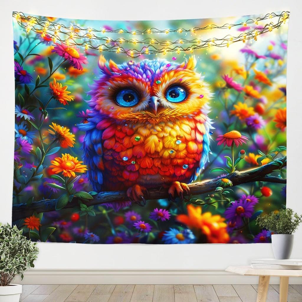 Floral Owl Tapestry For Girls,Kawaii Owl Birds Tapestry For Bedroom Boho Flowers Print Tapestries ,3D Animal Print Tapestry