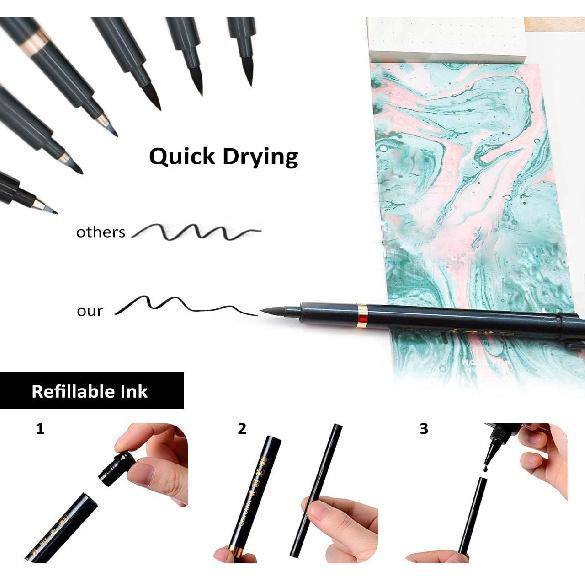 Hand Lettering Pens, Refillable Calligraphy Pens Brush Marker Pens Set Black, 4 Size for Writing, Painting, Drawing, Pack of 6