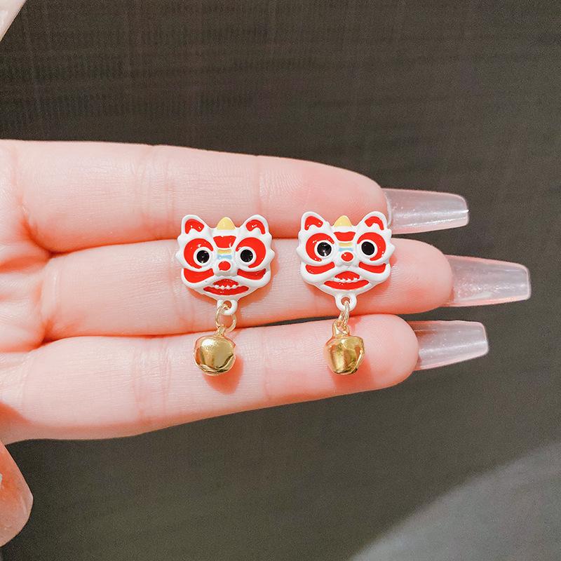 New Chinese style red lion stud earrings, festive earrings, fashionable versatile earrings for women