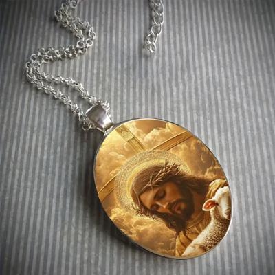 Een Jezus en Lam Hanger Christelijke Ketting, Tijdsteen Spirituele Sieraden Jezus Goede Herder Zilveren Ketting Katholieke Beschermheilige Hanger Cadeau