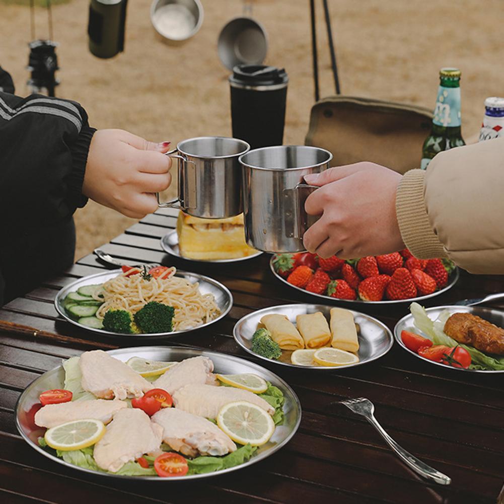 Stainless Steel Plates Camping Plates Reusable Metal Dinner Dishes Portable Feeding Serving Tableware for Outdoor Camping Picnic