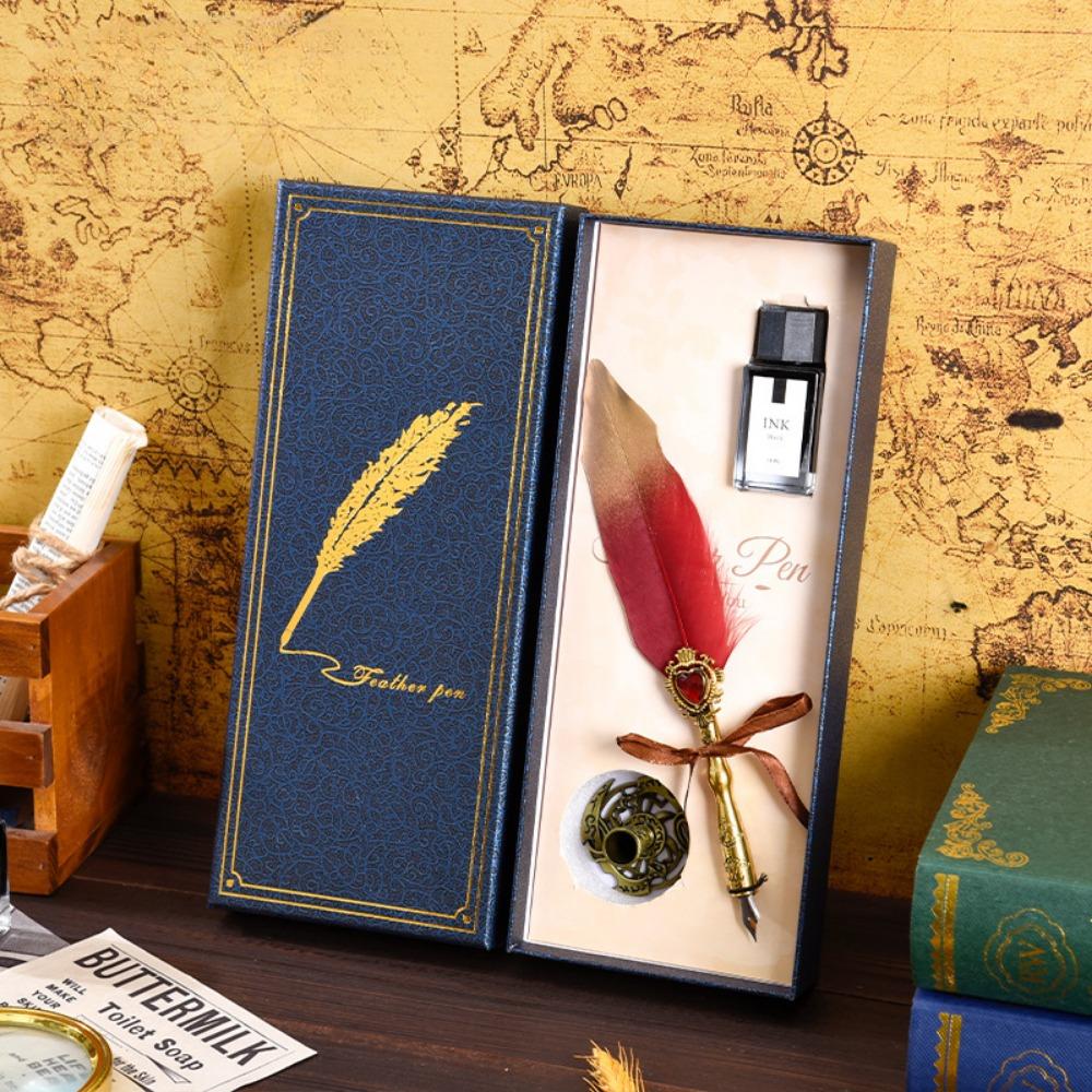 Blue Box Platinum Gemstone Feather Pen Set, Gift, Gift Box, Office Signature Writing, Retro European Style