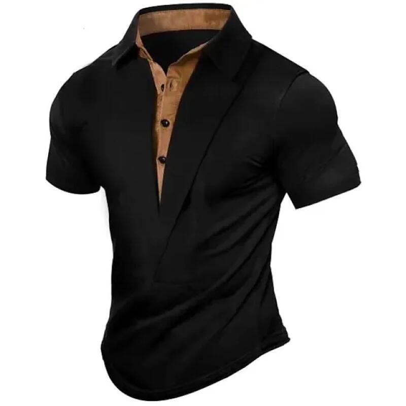 

Men s Short Sleeve T - Shirt Fsummer Retro Henley Neckline Design Loose Breathable Versatile Top for Sports and Leisure S чёрный