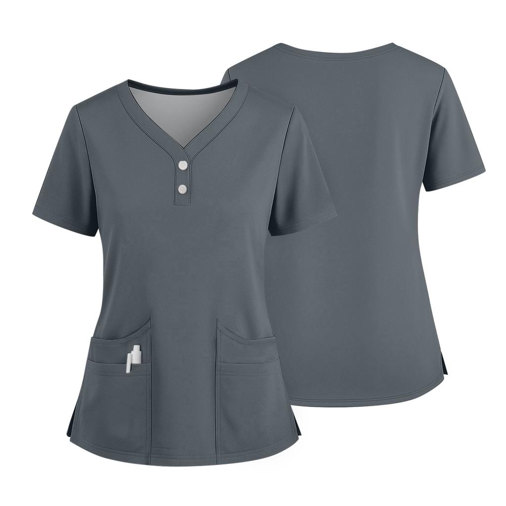 Women's Short Sleeved Solid Color V-neck Buttonable Side Slit Top T-shirt