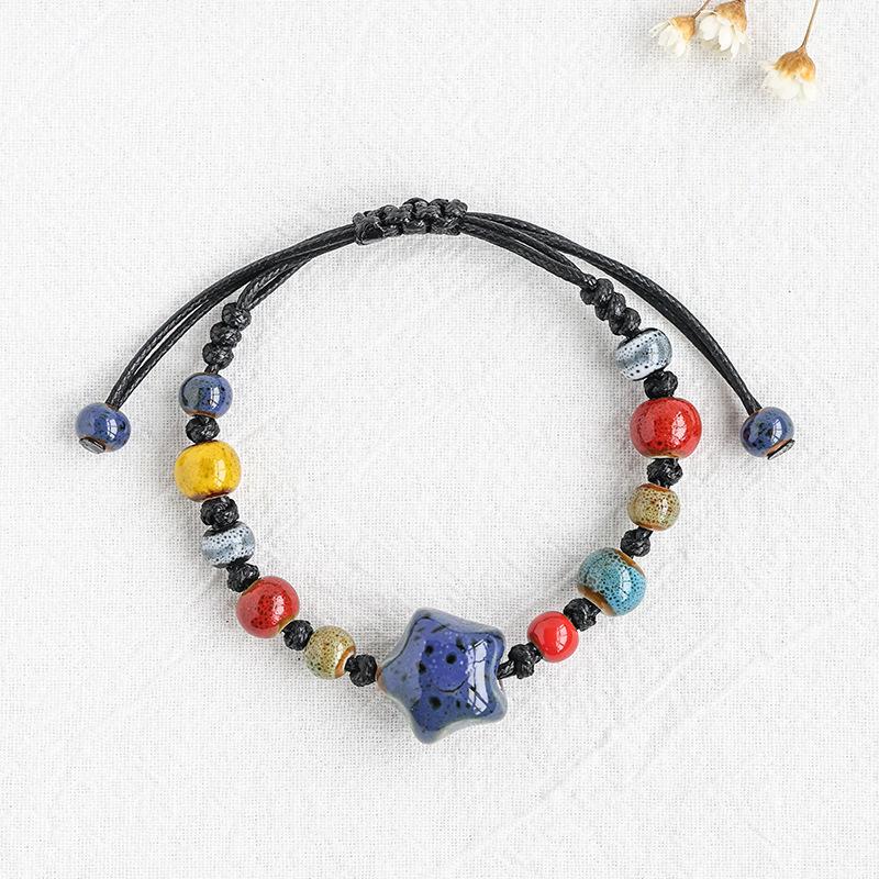 Kaseakia Handmade STAR Vintage Ceramic Stone Beads Wax Cord Adjustable Beaded Bracelets Bohemian Boho Jewelry for Women