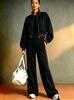 Women's 2026 Autumn Color Block Suit: Short Zip-Up Baseball Collar Jacket & High-Waisted Wide-Leg Pants with Side Stripes