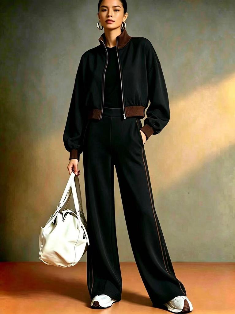 Women's 2026 Autumn Color Block Suit: Short Zip-Up Baseball Collar Jacket & High-Waisted Wide-Leg Pants with Side Stripes
