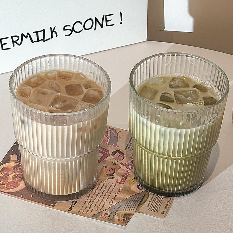 High-Value Glass Coffee Cup with Vertical Stripes, Lid & Straw for Latte, Iced Americano, Water, and Beverages