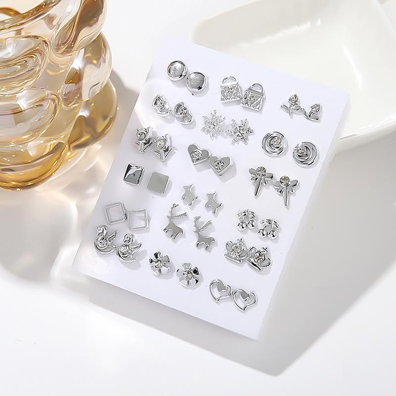 European and American hot-selling 18 pairs of versatile stud earrings combination set, simple mini point diamond alloy earrings for women