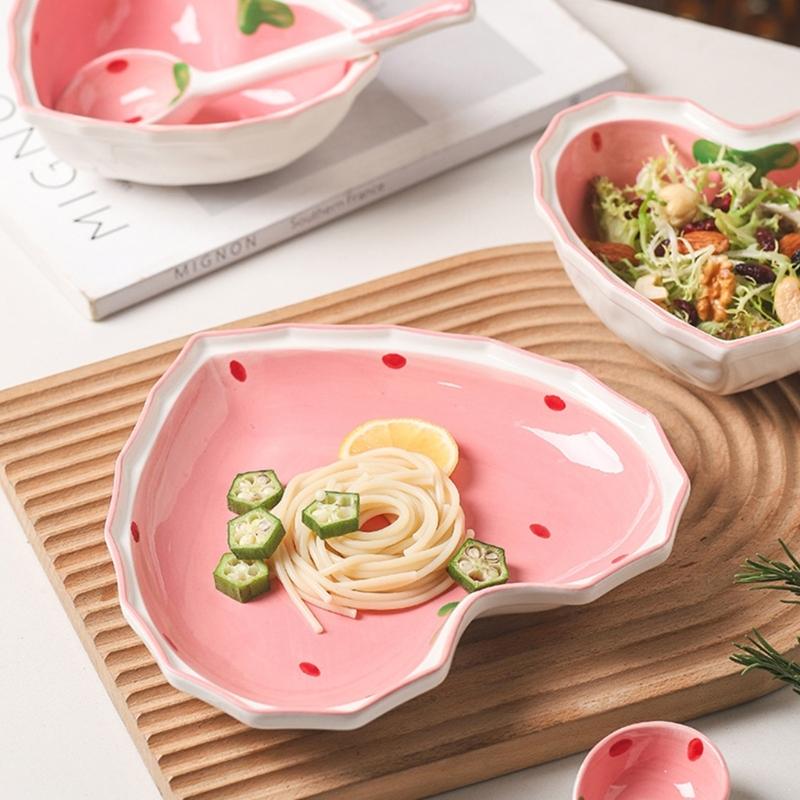 Multipurpose Strawberry Heart Ceramic Dinnerware Salad Bowl Plate Dish for Breakfast Lunch Dinner Dessert Serving
