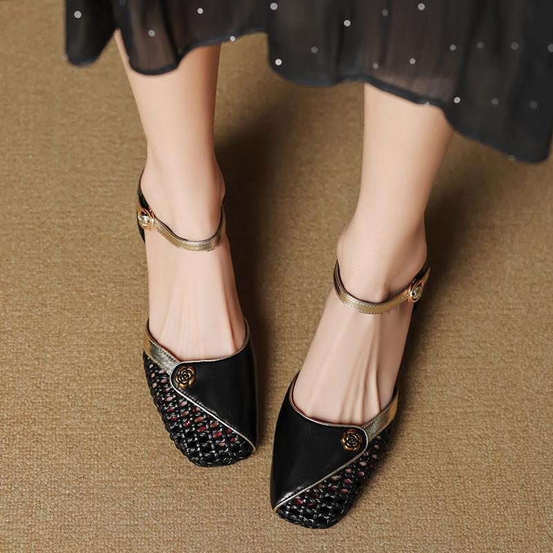 

Retro Woven Cutout Square Heel Baotou Sandals Women s Summer Square Toe Shallow Mouth One Buckle Strap Kitten Heels 34 чорний