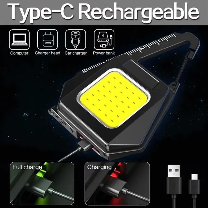 Multi-functional  Magnetic COB Work Light Key Chain Lights Type-C USB Rechargeable Flashlight Mini Camping Lantern Torch