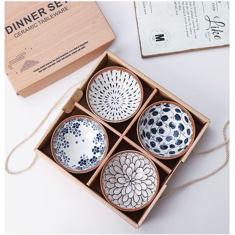 Japanese Ceramic Ramen Bowl Set - Small Porcelain Bowls for Rice, Soup, Snack, Side Dishes, Ice Cream - Microwave and Dishwasher Safe - 4 Pieces