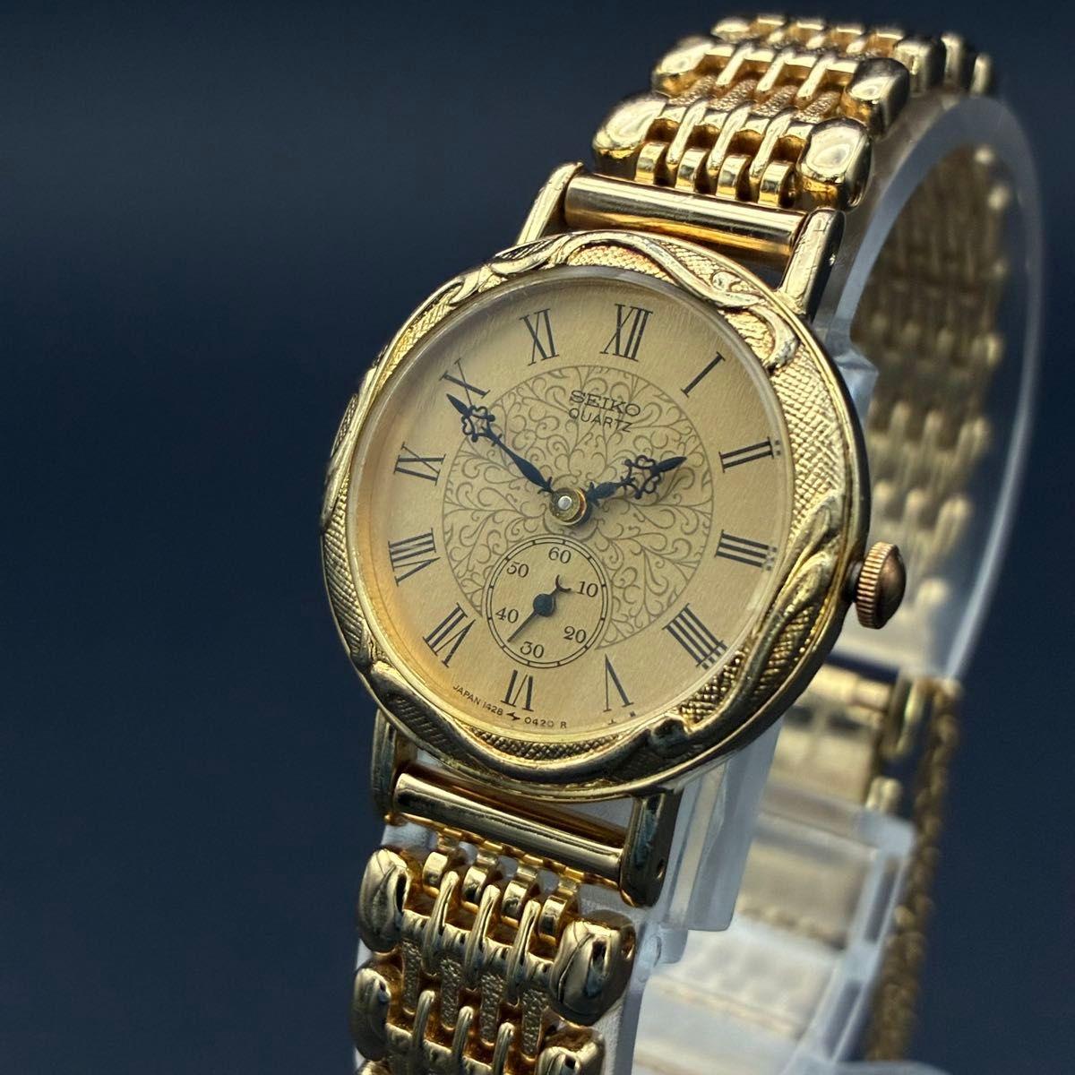 Used [Rare/New Battery] SEIKO Small Second Gold Roman Ladies Watch Dress 1428-0080