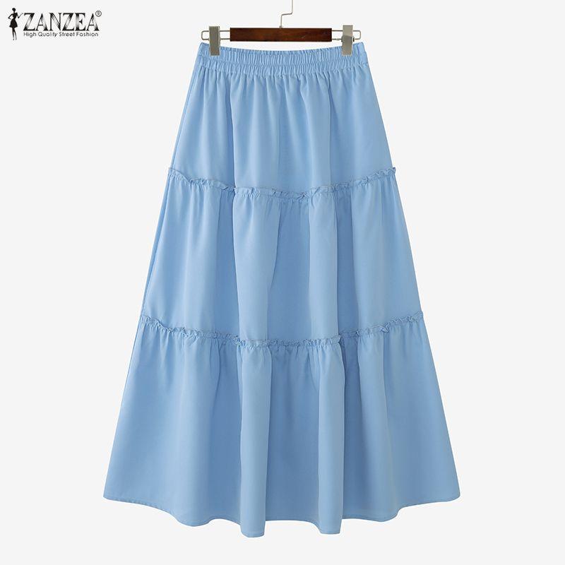 ZANZEA Women Casual Elastic Waist Solid Color Loose Long Skirts