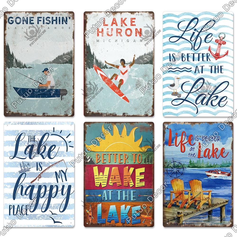 Putuo Decor Lake House Vintage Tin Signs Rustic Plaque Metal Plate Wall Art Decor for Living Room Kitchen and Entryway Posters