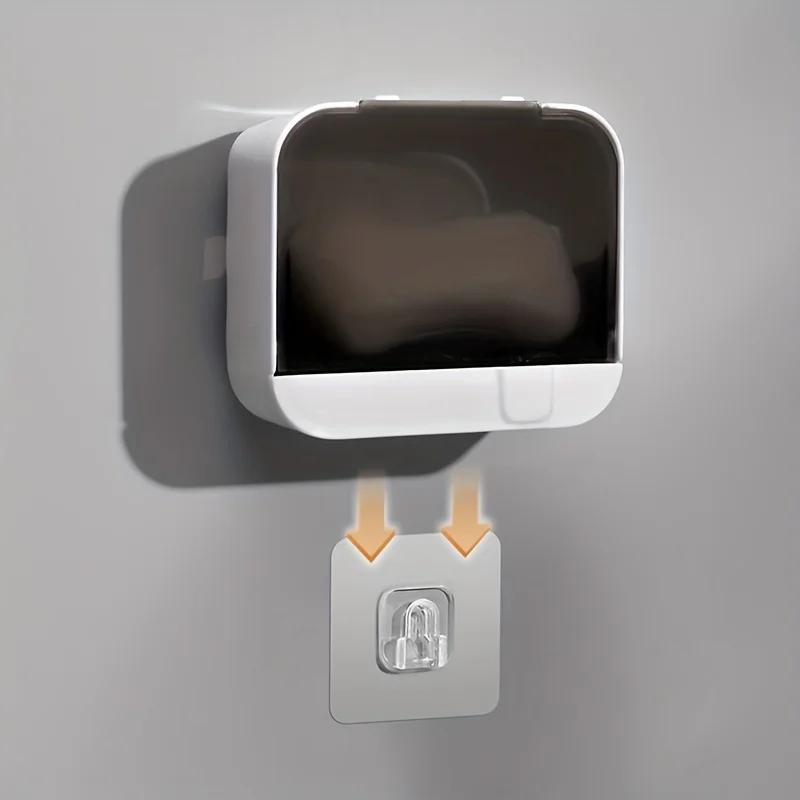 Bathroom Soap Holder Flip Lid Soap Storage Box Wall Mounted No Punch Soap Dish With Drain