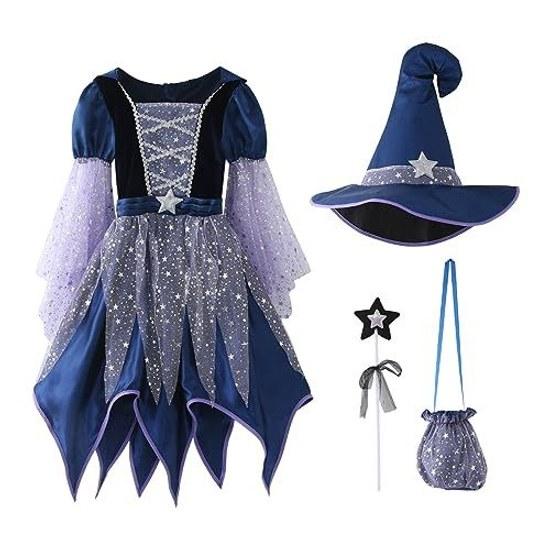Halloween Costume Children Girls Witch Dress Tulle One-piece Hat Cute Kids Cosplay Magician Outfit Devil Shrine Maiden Ghost Pumpkin Spirit Fairy