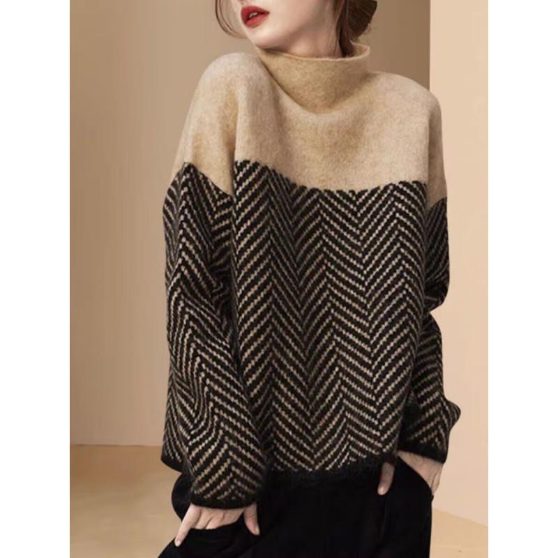 Womens Oversized Knit Sweater With Colorblock Stripe Design High Neck Loose Fit Winter 2025