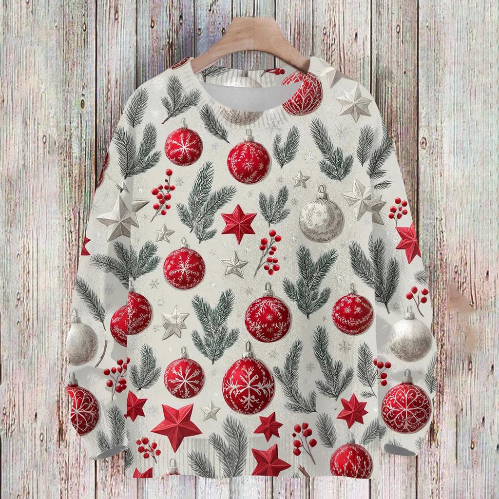 Ladies' Fashionable And Casual Christmas Cute Printed Round Neck Long Sleeved Knitted Yarn