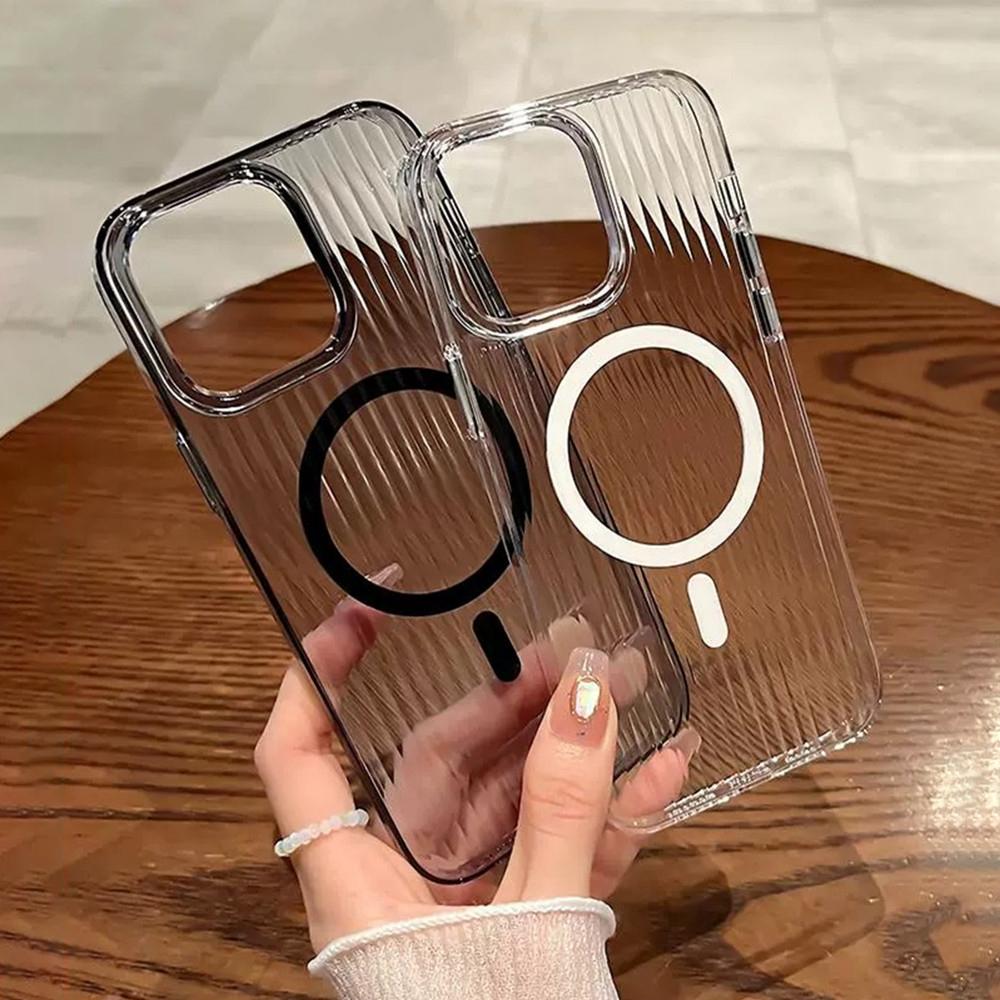 Transparent Magnetic For Magsafe Wireless Charger Phone Case For iPhone 14 11 12 13 15 Pro Max Plus Shockproof Soft Stripe Cover
