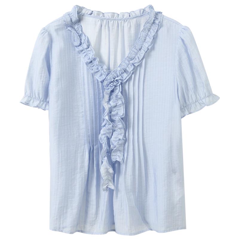 

San Cai Lyocell Ruffle V-Neck Short Sleeve Blouse L