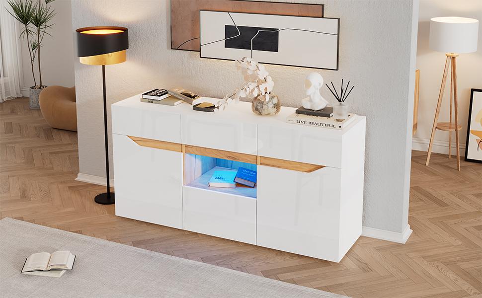 140*40*70cm Wohnzimmer Sideboard mit 4 Schubladen, Schrank mit zwei Fächern, Hochglanz Sofa Beistellschrank mit LED-Beleuchtung, Weiß + Holzfarbe