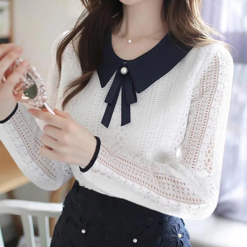 Women's Spring Lace Style Blouses Solid Color Plus Size Elegant Peter Pan Collar Tops