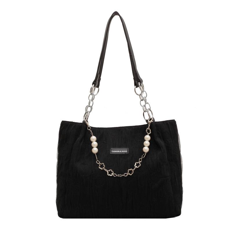 

Large capacity bag women s 2025 autumn new Korean version fashion solid color casual shoulder bag pearl chain tote bag чорний