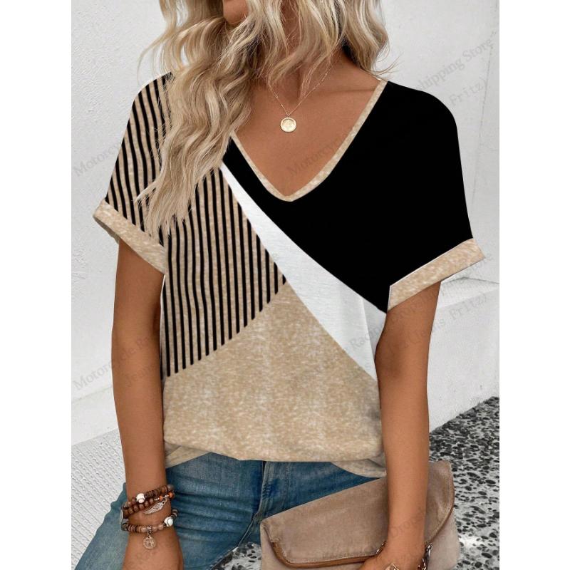 New Geometric Vintage Striped 3d Print T-shirt Women Fashion Casual V-Neck Short Sleeve Tops Tees Women Clothes Large Size Loose