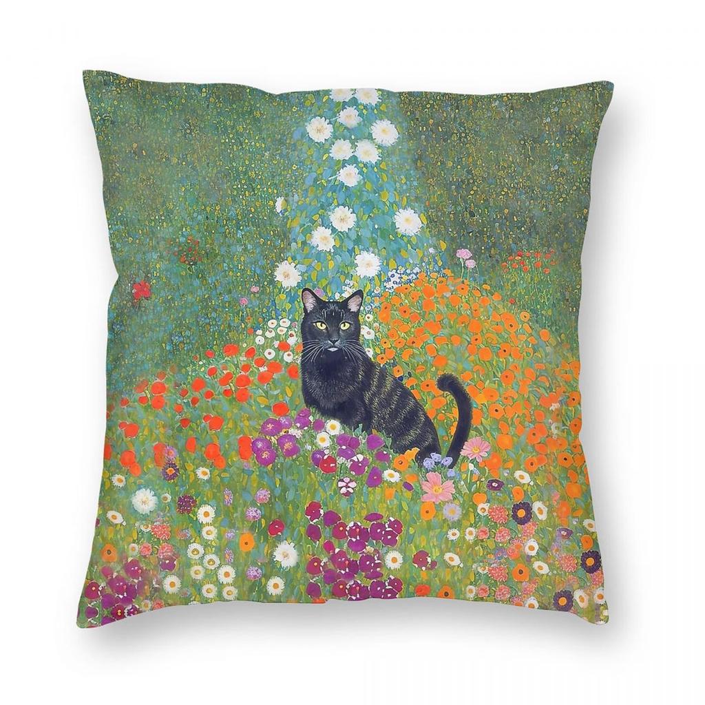 Gustav Klimt Katze Blumengarten Quadratische Kissenhülle Polyester Leinen Samt Kreativ Reißverschluss Dekorative Auto Kissenbezug