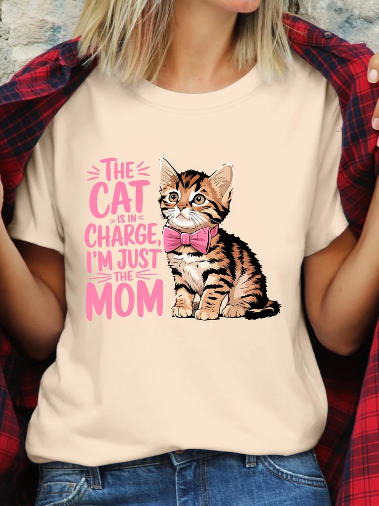 The CAT IS IN CHARGE IM JUST THE MOM Womens Short Sleeve Tshirts Cartoon Kitten Print T Shirts Fashion Cat Mama Tops Gifts