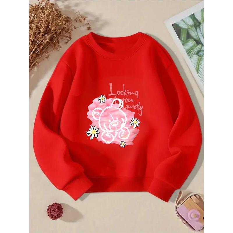 Kids Crewneck Sweatshirt, Pink Bear with Daisies & Letter PrintSpring Autumn Casual Sport Tops