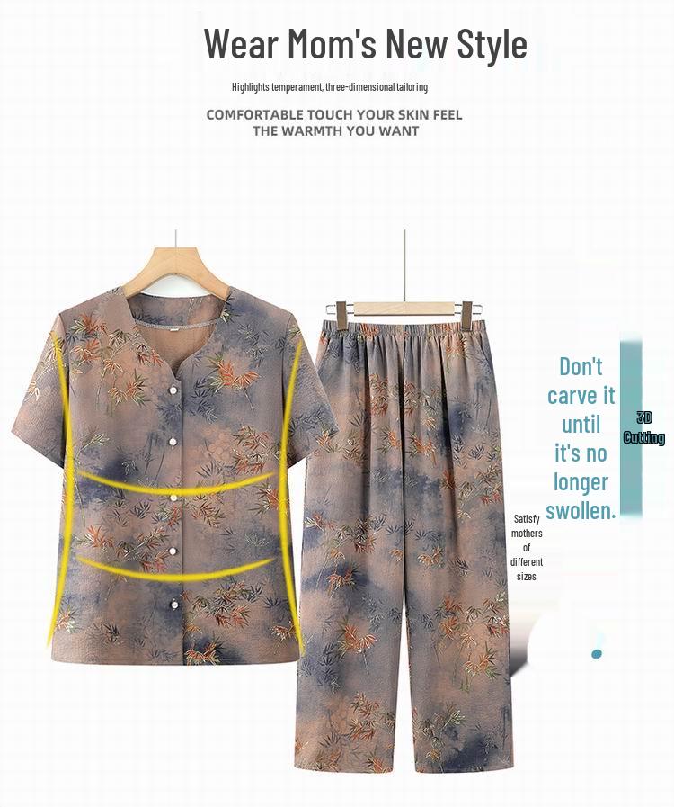 Grandma's Summer Two-Piece Set: Short-Sleeve Round-Neck Shirt for Middle-Aged and Elderly Women