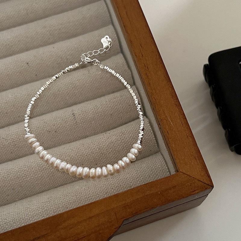 Korean Design Genuine 925 Sterling Silver Geometric Silver Beads Bracelets Strand Freshwater Pearl Quality Women Beaded Bracelet