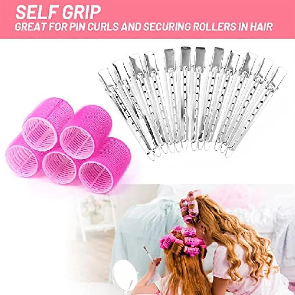 Giant curling wand roller set, 24 pieces, including 12 self-grip curling wands and 12 stainless steel duckbill clips (rose red)
