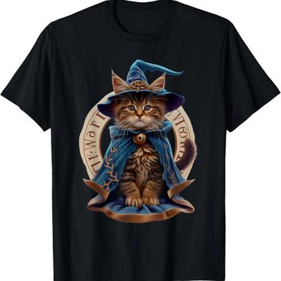 Magical Meowzard_ Enchanting Halloween Wizard Cat T-Shirt,Comfortable Pure Cotton