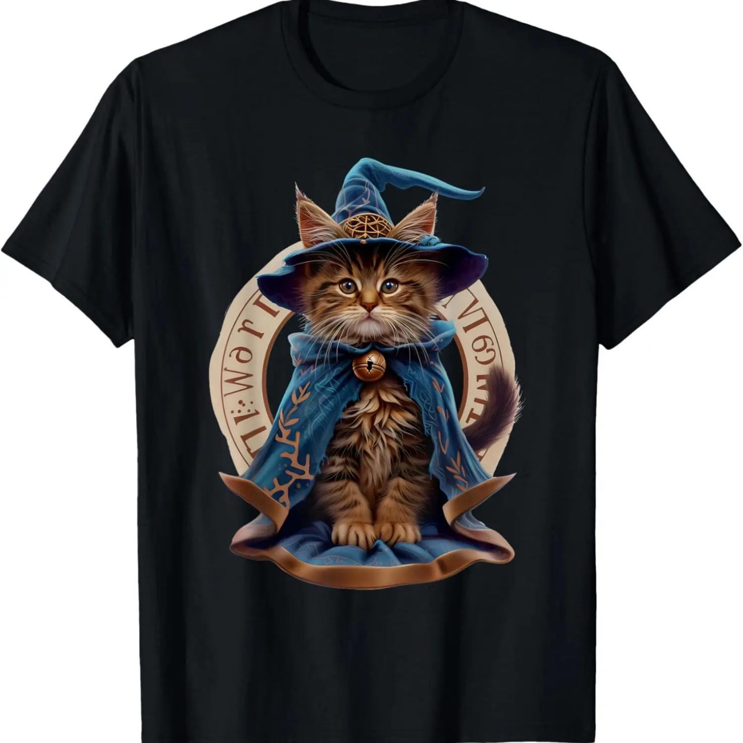 Magical Meowzard_ Enchanting Halloween Wizard Cat T-Shirt,Comfortable pure cotton S