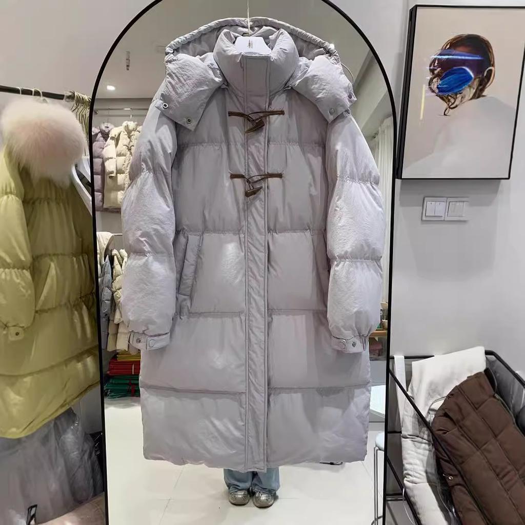 2024 Long Hooded Over Knee Down Jacket Women's Loose Skinny Sweet Fashion College Wind Corner Button Winter Jacket
