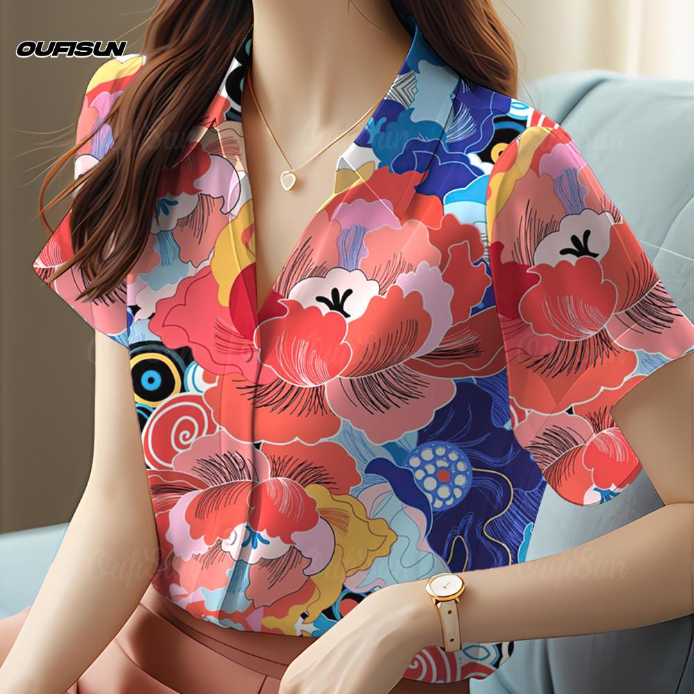 Women's V Neck Chiffon Floral Blouses Women Chubby Office Casual Ladies Shirt Graduation Outfit For Women Blouse